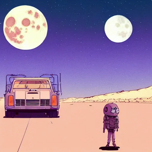 Image similar to a study of cell shaded cartoon giant gods on a desert road, in front of a big moon, full body, wide shot, very muted colors, post grunge, studio ghibli, laurie greasley, highly detailed, deviantart, art by artgem