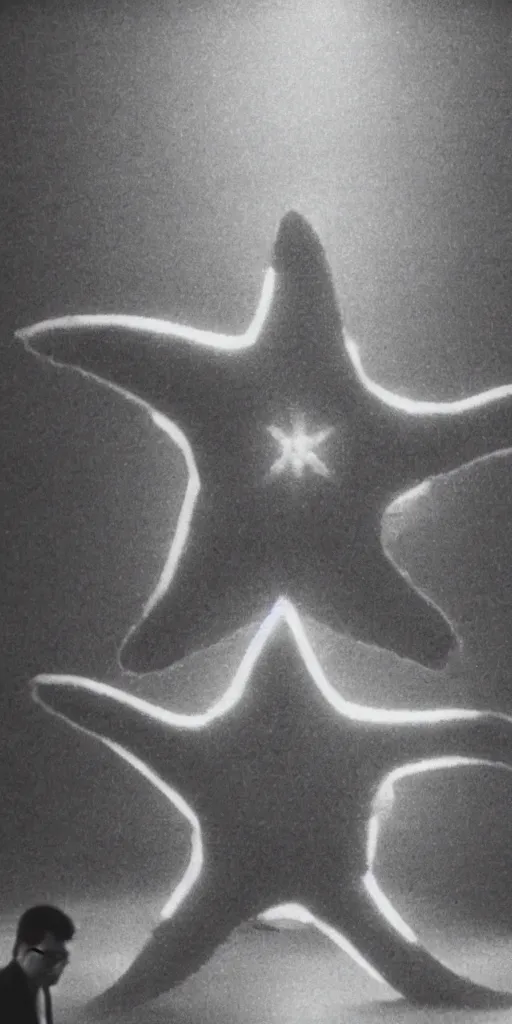 Image similar to light coming out of one starfish - like kaiju anthropomorphic monster, korean film noir by kim jong - il, korean traditional palace, pyongyang city, 1 9 6 0 s, red color bleed, 4 k, video compression, video glitch, monochrome, akira kurosawa, mamoru oshii, wes anderson, stanley kubrick