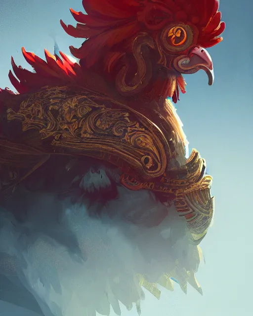 Image similar to mysterious legendary rooster, medieval village, beautiful illustration, abstract, scifi, atmosphere, top lighting, focused, artstation, highly detailed, art by yuhong ding and chengwei pan and serafleur and ina wong