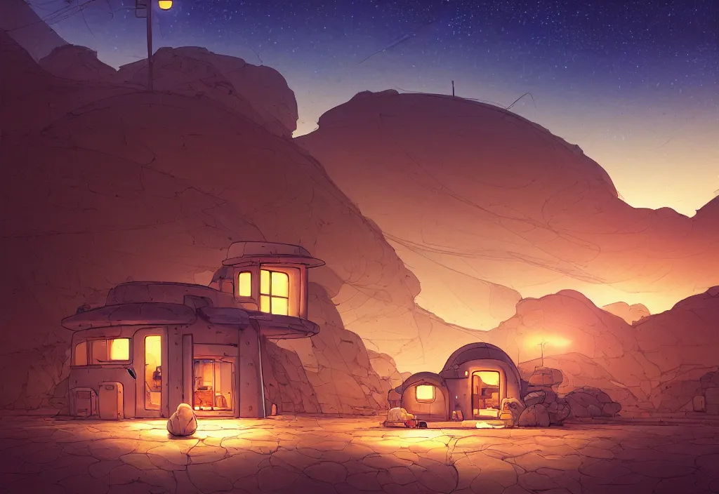 Prompt: sci - fi chubby house in the desert at night, rain, water, rocks, mountain, river, intricate oil painting, high detail illustration, sharp high detail, manga and anime 1 9 9 9, official fanart behance hd artstation by jesper ejsing and makoto shinkai, 4 k,