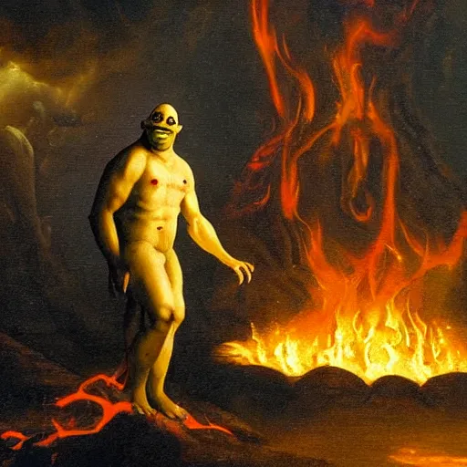 Image similar to baroque oil painting of shrek standing in hell, overcast, evil, lava and fire