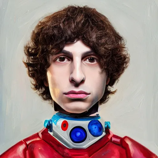 Prompt: a portrait of finn wolfhard as a robot, oil painting, pale colors, high detail, 8 k, wide angle, trending on artstation,