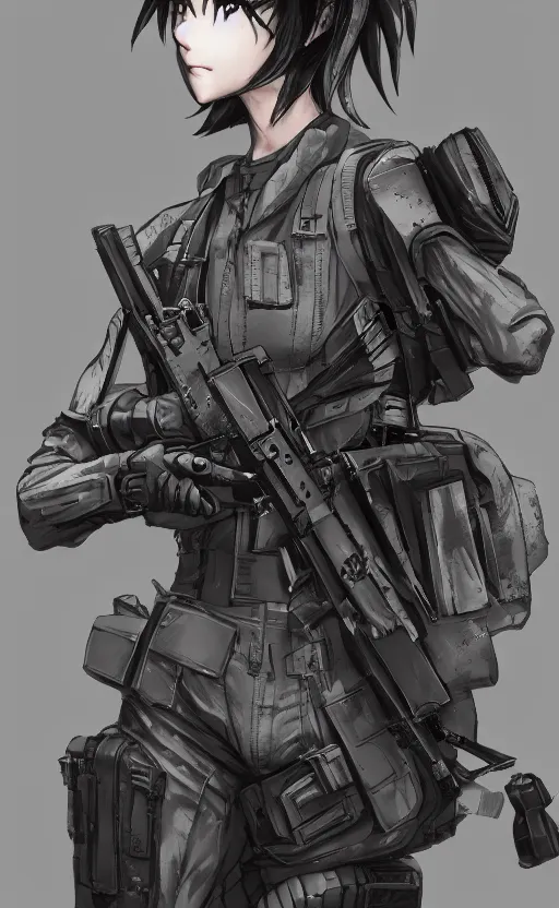 Prompt: highly detailed, high resolution, character design art, stunning, volumetric lightning, realistic guns, girls frontline style, matte, sharp focus, intricate, 150mm, illustration, artstation, by yoshihiro togashi, realistic human anatomy, simple design, realistic military gear, metal gear style