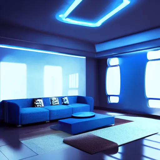 Image similar to futuristic looking living room, dark with blue neon lights, contrasted, dark floor, octane render