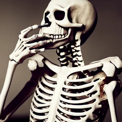 Prompt: A skeleton smoking a cigar, portrait, professional photography