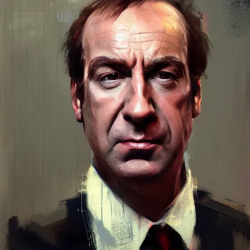 Image similar to A realistic hyperdetailed wide-shot digital oil portrait painting of Saul Goodman in the style of Guy Denning, Ruan Jia, and Craig Mullins. Trending on ArtStation, DeviantArt, and Instagram. CGSociety Digital art.