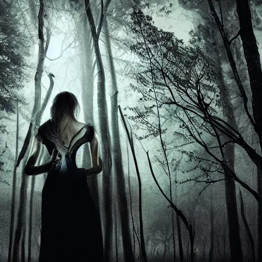 Image similar to A young woman stands in the middle of a dark and eerie forest, her heart racing as she hears the sound of twigs snapping, leaves rustling, and something watching her from the shadows.