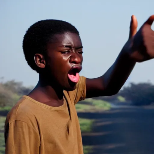 Prompt: photo of african teen shouting and pointing at camera, high definition