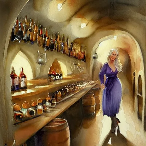 Prompt: hot blonde working in a wine cellar, food, pork, beer, schnapps, rustic, traditional, torches on the wall, watercolor by vladimir volegov