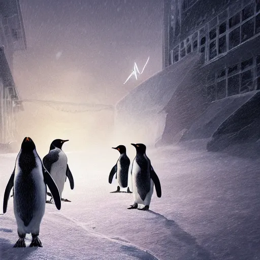 Prompt: penguins walking at night in a snowstorm, epic, illuminated by flashes of lightning, emerging from shattering glaciers in antarctica, very detailed, digital painting, concept art, cgsociety, artstation, beeple, octane render, norman rockwell, intricate