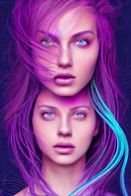 Image similar to a award winning half body portrait of a beautiful woman with stunning eyes in a croptop and cargo pants with ombre purple pink teal hairstyle and hands in pockets by thomas danthony, surrounded by whirling illuminated lines, outrun, vaporware, shaded flat illustration, digital art, trending on artstation, highly detailed, fine detail, intricate