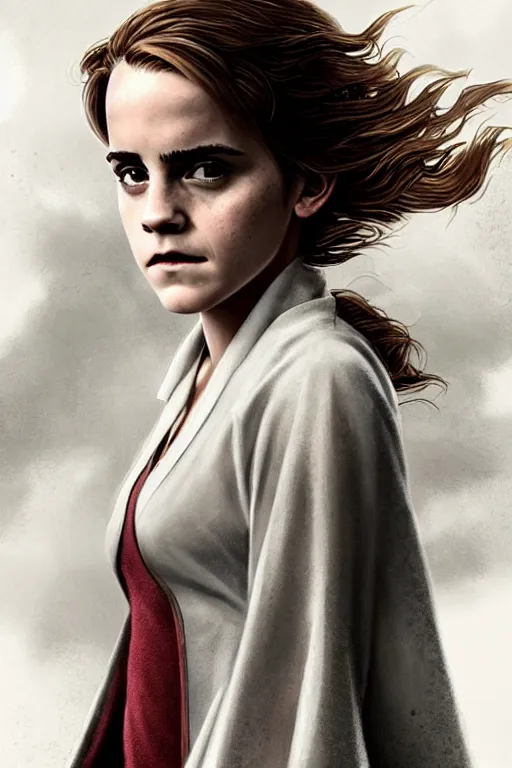 Image similar to Poster artwork, Emma Watson as Hermione Granger, wearing hogwarts!!! robes!!!, young!!!, prisoner of Azkaban, magnificent, close up, details, sharp focus, elegant, highly detailed, illustration, by Jordan Grimmer and greg rutkowski and PiNe(パイネ) and 薯子Imoko and 香川悠作 and wlop!!!! and maya takamura, intricate, beautiful, sunset!!!, Trending artstation, pixiv, digital Art