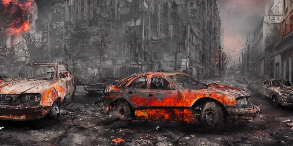 Image similar to post - apocalyptic kreuzberg streets covered in colorful smoke, burned cars, explosions, hyperrealistic, gritty, damaged, dark, urban photography, photorealistic, high details