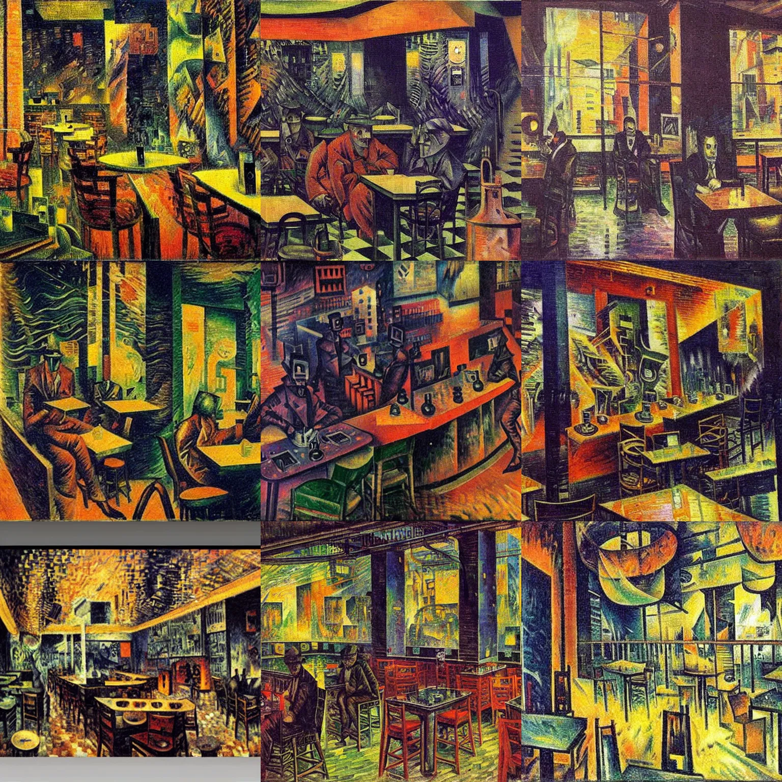 Prompt: A cyberpunk cafe painted by Umberto Boccioni