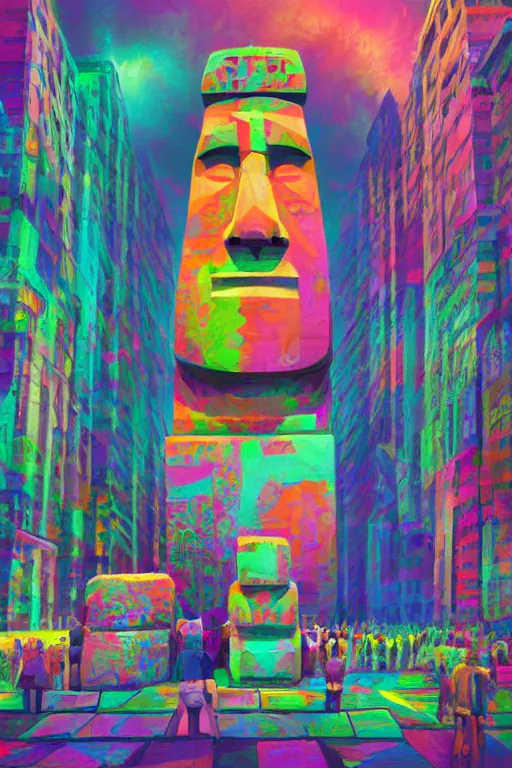 Prompt: geometric moai statue digital illustration cartoon graffity street comics colorful beeple, by thomas kinkade