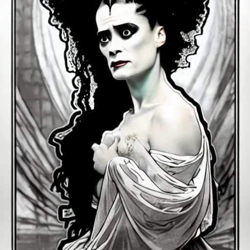 Image similar to a dramatic cinematic portrait photograph of bride of frankenstein influenced by alphonse mucha