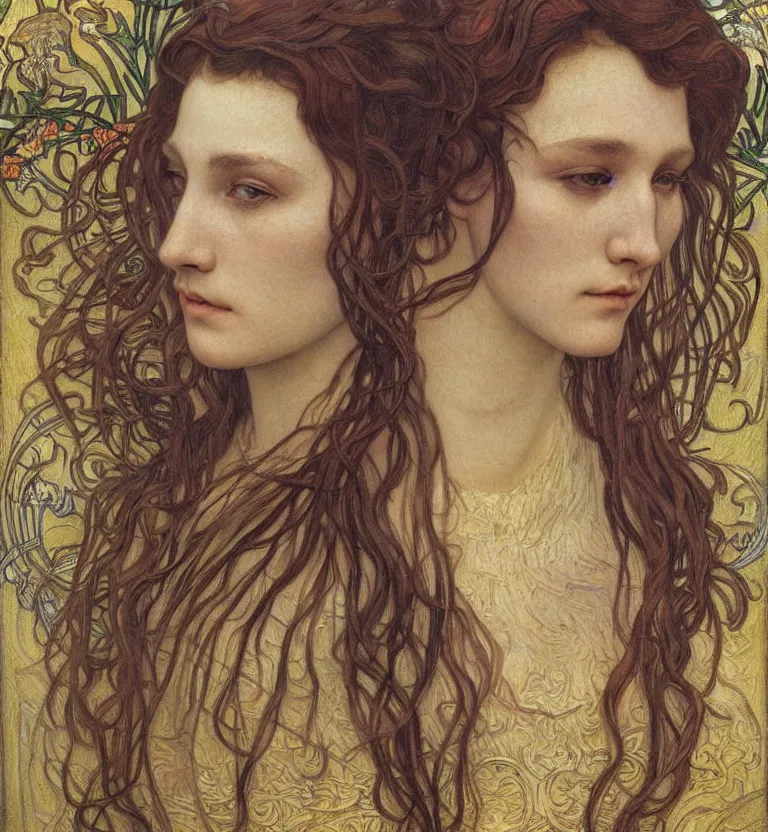 Image similar to detailed realistic beautiful young medieval queen face portrait by jean delville, alphonse mucha, vincent van gogh, and marco mazzoni, art nouveau, symbolist, visionary, gothic, pre - raphaelite