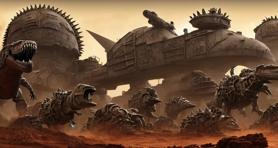 Prompt: pixar running dinosaurs googly eyes, m 1 tank fury road iron smelting pits gothic armour, highly detailed cinematic scifi render of 3 d sculpt of spiked gears of war skulls bucketwheel jabbas palace, military chris foss, john harris, hoover dam'aircraft carrier tower'beeple, warhammer 4 0 k, halo, halo, mass effect