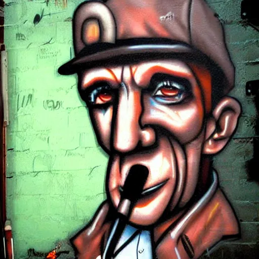 Image similar to graffiti art of the g - man from half life with a large cannabis cigarette in his mouth