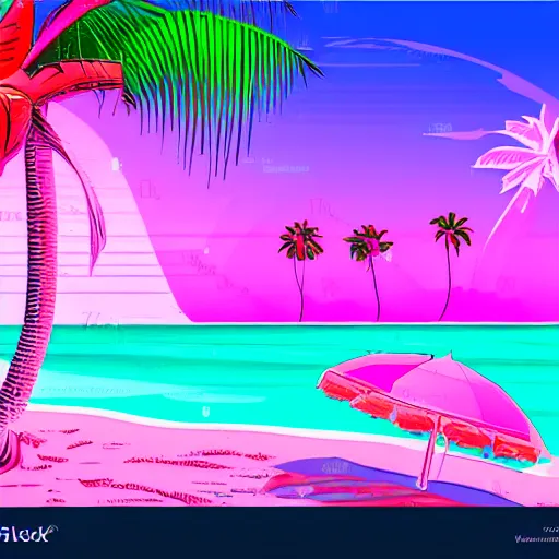 Prompt: synthwave pink beach with palm trees and neon water