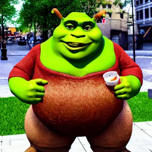 Prompt: fat shrek eating chicken wings outside of mcdonald ’ s in real life, realistic, detailed, 8 k, 4 k uhd, hyper realistic, great detail