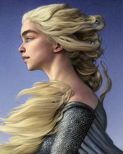 Image similar to closeup portrait of happy beautiful daenerys targaryen leaning against dragons, long blonde windblown hair and dragonskin armor, standing on a ledge of a mountain, glamour pose, detailed illustration, digital art, trending on artstation, soft ambient lighting, volumetric lighting, rim lighting, yoshitaka amano, daniel merriam, alphonse mucha, arney freytag