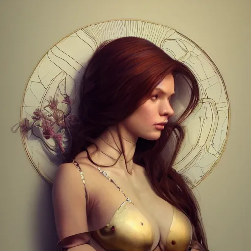 Prompt: realistic woman, top model, 3D model, hyper realistic, octane render, cinematic, unreal engine 5,golden ratio, curved lines, Peter Mohrbacher, Marc Simonetti floral-pattern vintage, dramatic lighting shadows, detailed illustration, Dan Mumford, Alphonse mucha, hyper realistic, photorealistic, extremely detailed fur, octane render, 8k, intricate details