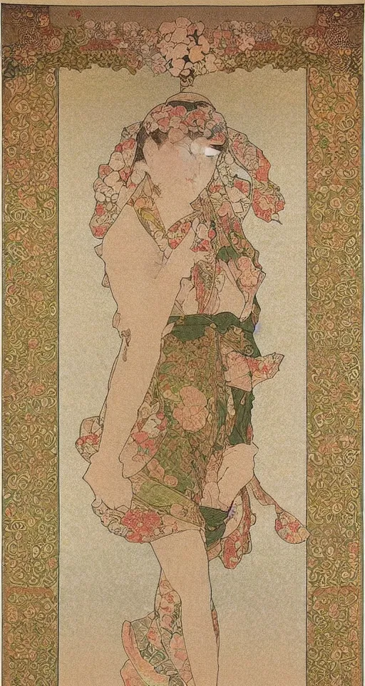 Image similar to Japanese style simple and elegant floral tapestry, Persian carpet, soft colors, by mucha