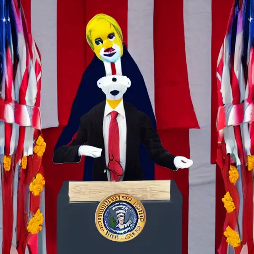 Image similar to string puppet of a president with clown makeup in a podium and a human shadow behind