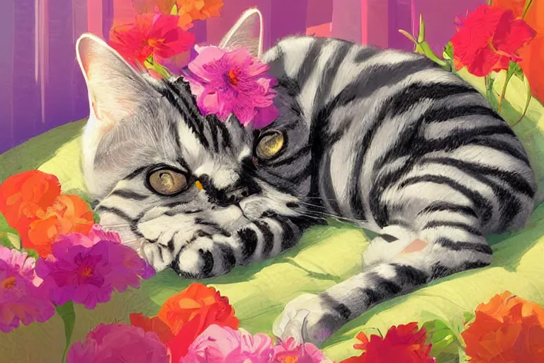 Image similar to a digital art of an american shorthair sleeping in the room with flowers around in the afternoon, the sun shines in, animal, light effect, highly detailed, by anton fadeev