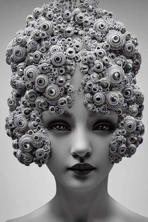 Image similar to 3 d full head and shoulders beautiful white porcelain woman with ornate detailed hair and jewellery, 3 d swirling hair, big eyes through the hair by theodor seuss geisel and daniel arsham and xiang duan