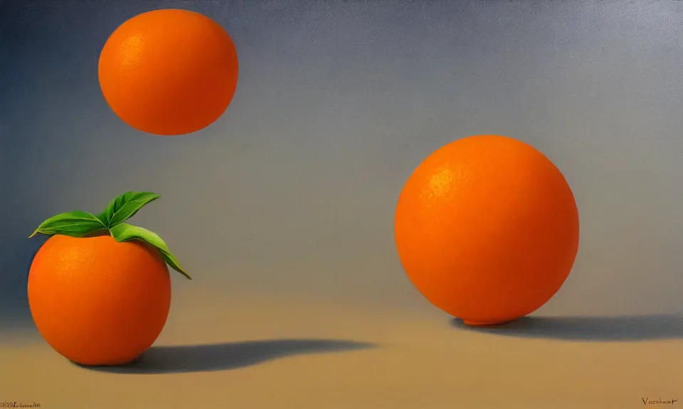 Prompt: A surrealist painting of an orange orange by Vladimir Kush, oil painting trending on artstation