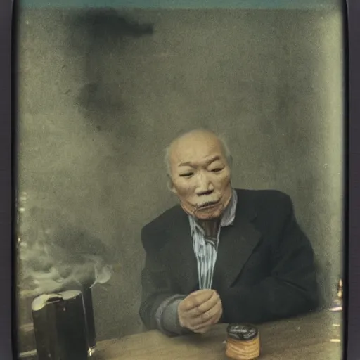 Prompt: an oldman, smoking, in a bar, chinese painting, polaroid, wide angle