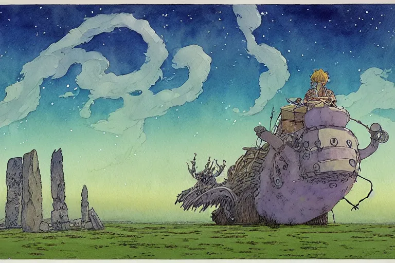 Image similar to hyperrealist studio ghibli watercolor fantasy concept art of a giant from howl's moving castle sitting on stonehenge like a chair. it is a misty starry night. by rebecca guay, michael kaluta, charles vess