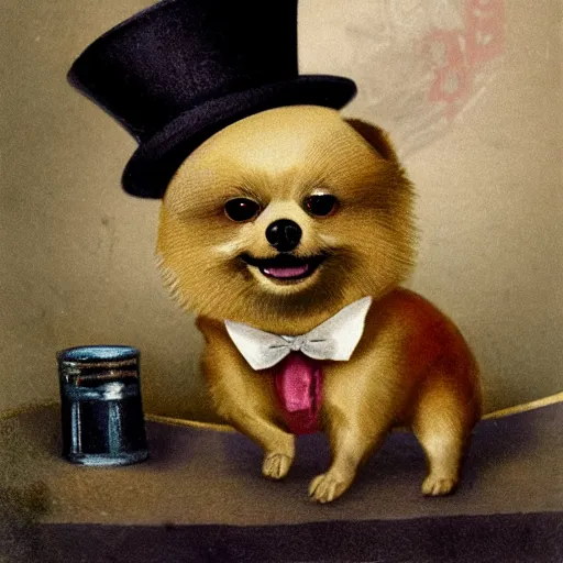 Image similar to A pomeranian wearing a top-hat and a monocle, sitting on top of a large pile of gold coins