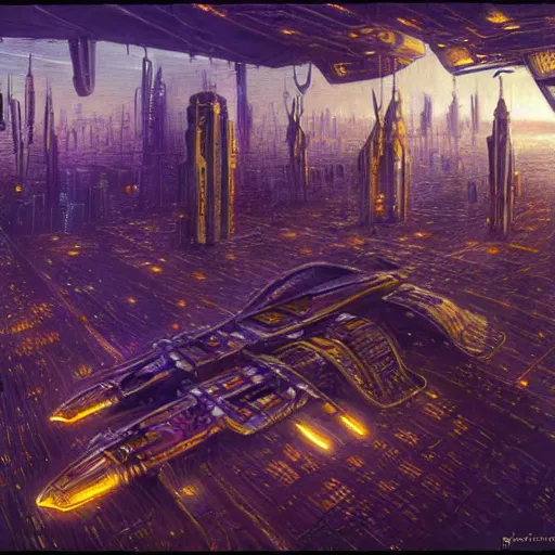 Image similar to cyberpunk starship hovering city, atmospheric lighting, painted, intricate, golden hour and purple, ultra detailed by peter gric, giger, enki bilal