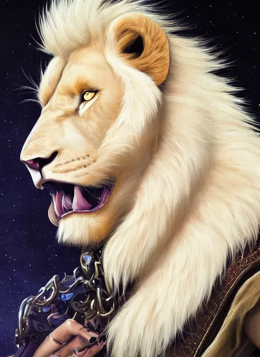 Prompt: aesthetic portrait commission of a of a male fully furry muscular anthro albino lion wearing attractive gay leather harness with a tail and a beautiful attractive hyperdetailed face at golden hour, safe for work (SFW). Character design by charlie bowater, ross tran, artgerm, and makoto shinkai, detailed, inked, western comic book art, 2021 award winning film poster painting