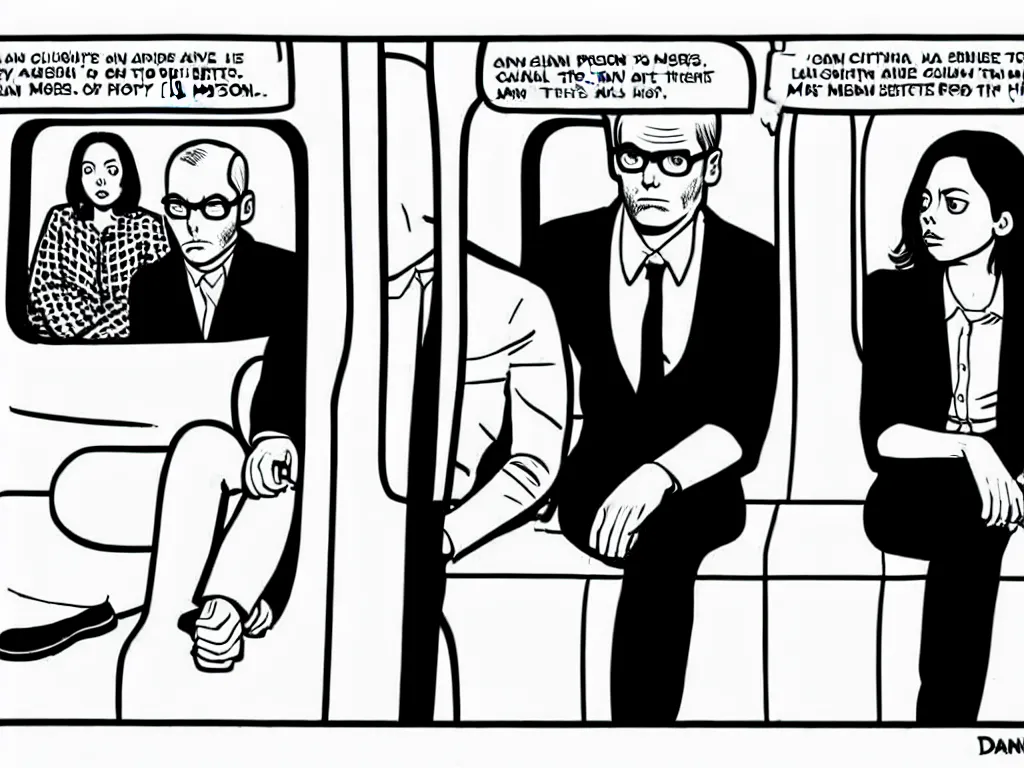 Image similar to a single comic panel by Daniel Clowes, 3/4 low angle view wide shot of two people sitting in an empty Chicago subway train, in front of windows: a sad Aubrey Plaza in a parka and a friendly Mads Mikkelsen in a suit