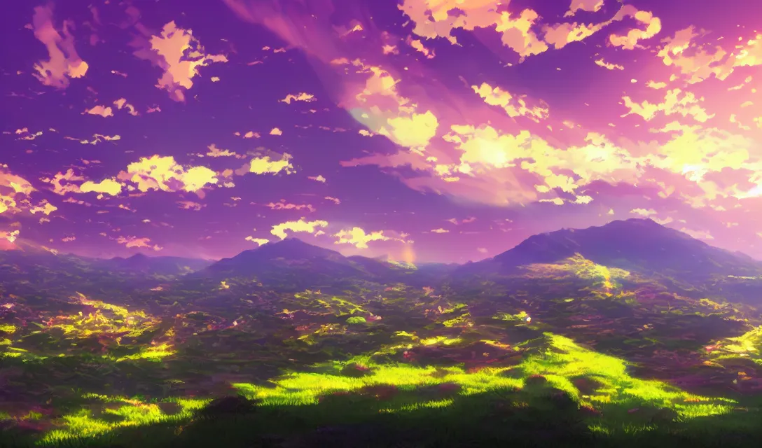 Prompt: very high quality illustration of green hills with clouds in the background, golden hour sunset, purple beautiful sky, anime key visual, official media, illustrated by wlop, extremely detailed, 8 k, trending on pixiv, cinematic lighting, beautiful