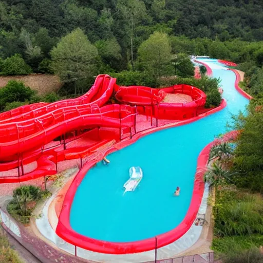 Prompt: a waterpark where the water is red jello