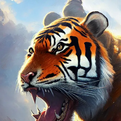 Image similar to a detailed portrait of a tiger roaring, by justin gerard and greg rutkowski, digital art, realistic painting, dnd, character design, trending on artstation