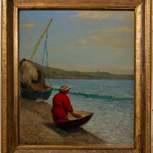 Image similar to old fisherman at work on his boat. early morning. late 1 9 th century. oil on canvas.