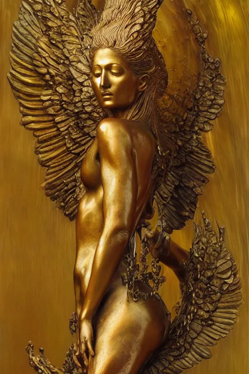 Image similar to realistic detailed statue the holy sacred mechanic angel with ethereal golden wings, made by Karol Bak, Mark Brooks and Bernini. Rich colors. Beksinski and Gerhard Richter painting. Masterpiece