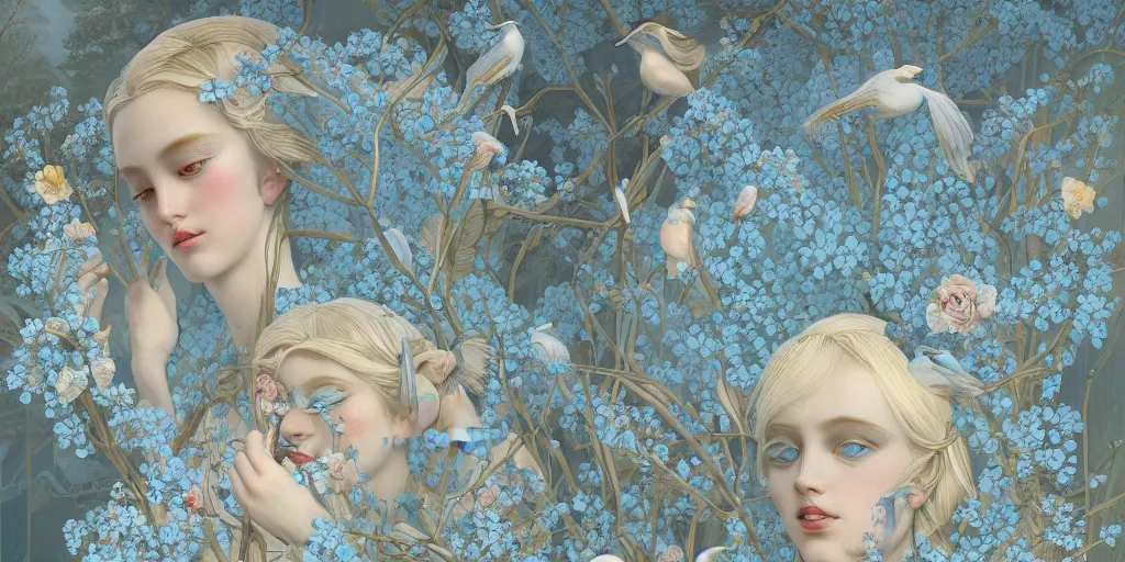 Image similar to breathtaking detailed concept art painting art deco pattern of blonde faces goddesses amalmation light - blue flowers with anxious piercing eyes and blend of flowers and birds, by hsiao - ron cheng and john james audubon, bizarre compositions, exquisite detail, extremely moody lighting, 8 k