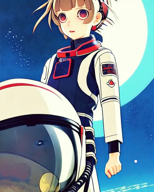 Image similar to ilya kuvshinov anime illustration of young astronaut girl, last exile, murata range, fine detail, perfect anime face, dramatic lighting, dynamic composition, art deco, cel shading, vivid, rich texture, yoshinari yoh, alphonse mucha, ( ( ( colorful ) ) )