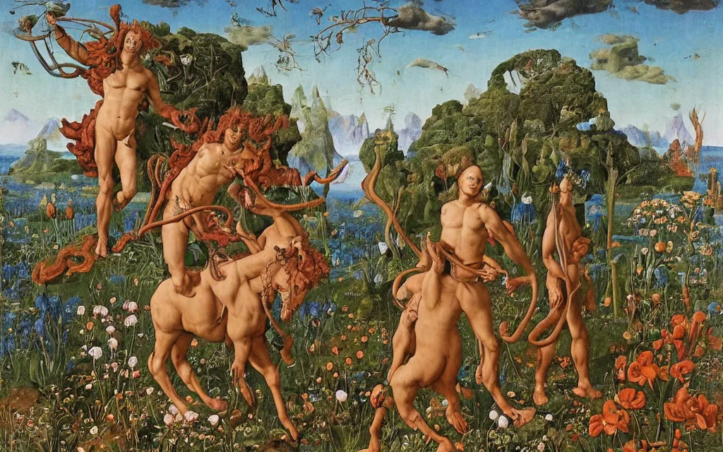 Image similar to a portrait photograph of a meditating satyr and a centaur monk riding a rocket machine and hunting at a river delta. surrounded by bulbous flowers and trees. mountain range under a blue sky of fiery stars. by jan van eyck, max ernst, ernst haeckel, ernst fuchs and artgerm, cgsociety, fashion editorial, 8 k