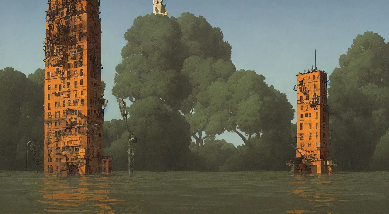 Prompt: single flooded simple ancient steel tower, very coherent and colorful high contrast!! masterpiece by rene magritte simon stalenhag carl spitzweg syd mead norman rockwell edward hopper james gilleard, minimalist, dark shadows, sunny day, hard lighting