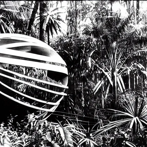 Prompt: a rizom lost film footage of a sphere ethnographic object in the middle of the tropical jungle / object / abstract / modernism / film still / cinematic / enhanced / 1 9 2 0 s / black and white / grain