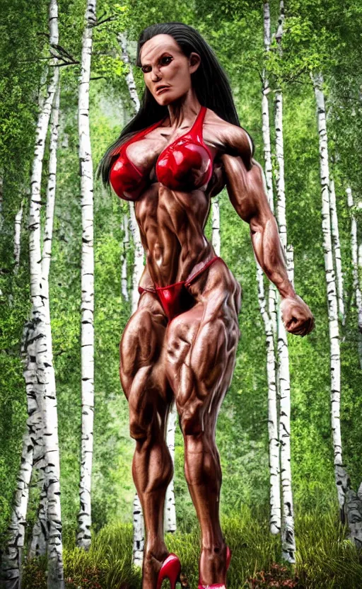 Image similar to photo of bodybuilder woman posing in birch forest in jeff koons hip hop bauhaus style, beautiful detailed face, ultra realistic, concept art, intricate details, serious, highly detailed, photorealistic, octane render, 8 k, unreal engine, natural light, art by todd mcfarlane