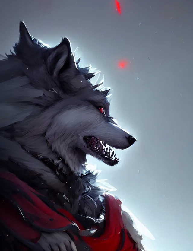 Image similar to handsome dark gray anthropomorphic wolf fursona with long red hair wearing destiny 2 armor. character design by cory loftis, fenghua zhong, ryohei hase, ismail inceoglu and ruan jia. artstation, volumetric light, detailed, photorealistic, fantasy, rendered in octane